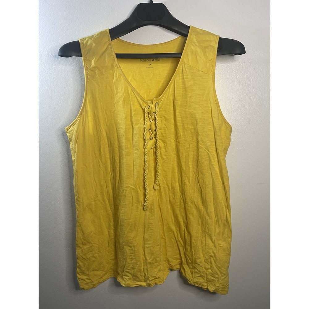 Fashion Bug Womens 1X Yellow Lace Up V-Neck Sleeveless Cotton Slub Tank Top